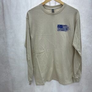 Gildan Beige Long Sleeve Shirt with Blue Flag Design